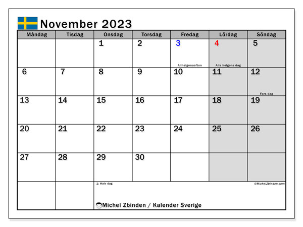 Calendrier novembre 2023, Suède (SV), prêt à imprimer et gratuit.