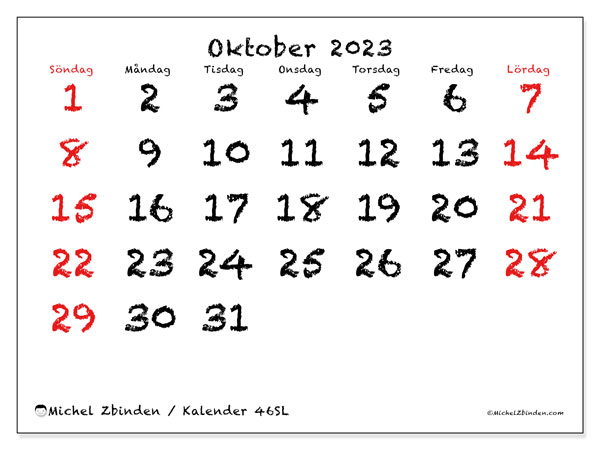 Kalender att skriva ut, oktober 2023, 46SL