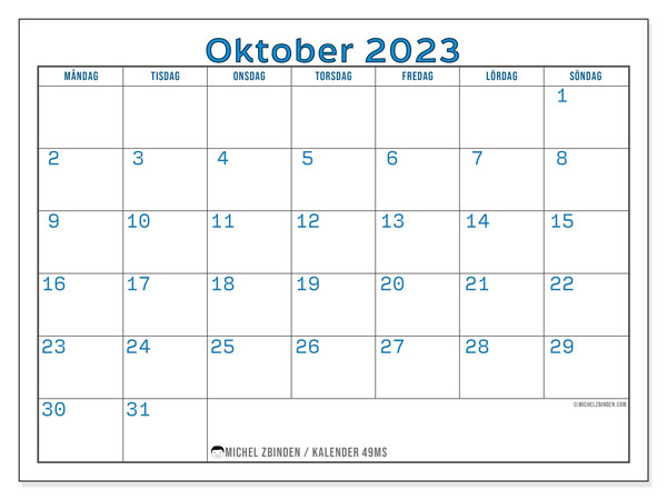 49MS, kalender oktober 2023, för utskrift, gratis.