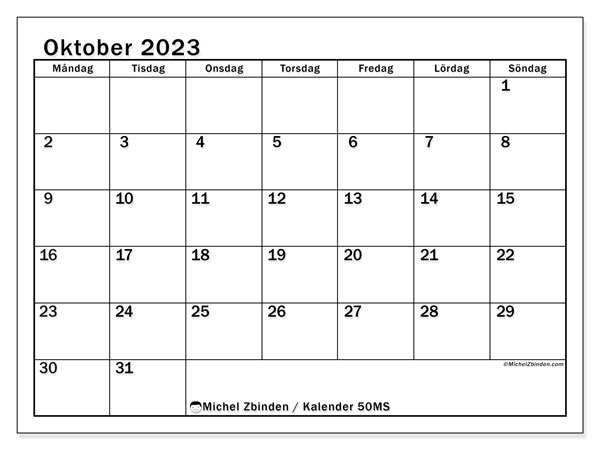 Kalender oktober 2023 för att skriva ut. Månadskalender “50MS” och gratis almanak som ska skrivas ut