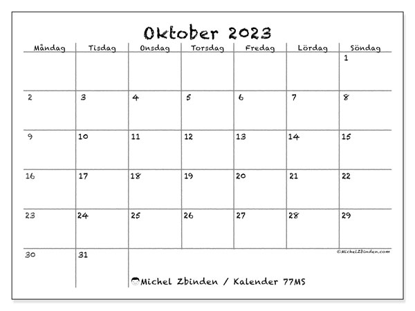 Kalender oktober 2023 för att skriva ut. Månadskalender “77MS” och almanak för gratis utskrift