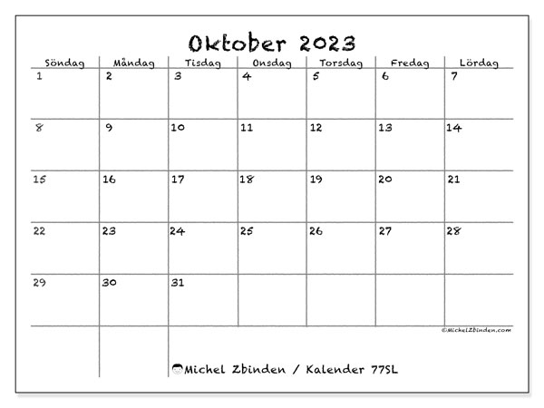 Kalender att skriva ut, oktober 2023, 77SL