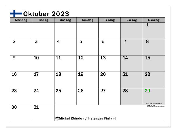 Calendrier octobre 2023, Finlande (SV), prêt à imprimer et gratuit.