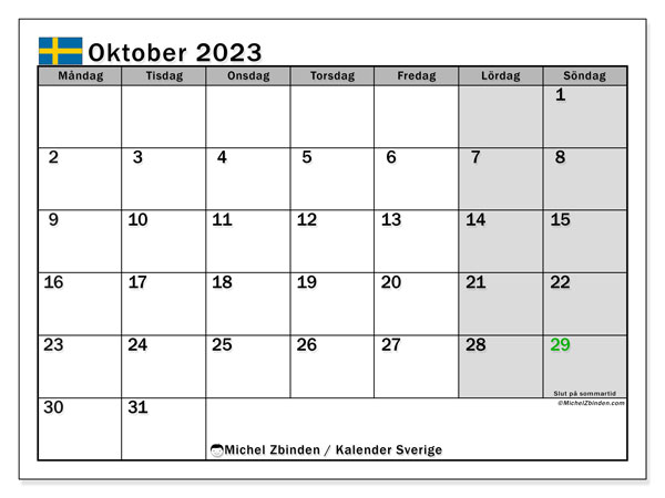 Calendario ottobre 2023, Svezia (SV). Orario da stampare gratuito.