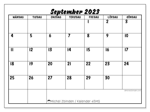 Kalender september 2023, 45MS. Gratis kalender som kan skrivas ut.