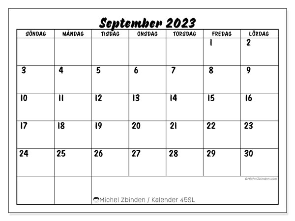 Kalender september 2023, 45SL. Gratis kalender som kan skrivas ut.