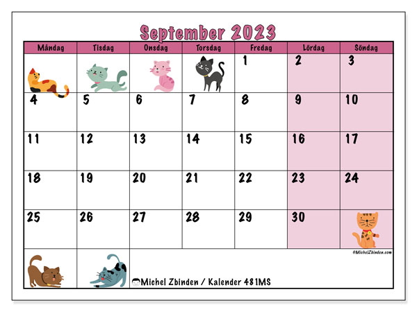 Kalender september 2023, 481MS. Gratis kalender som kan skrivas ut.