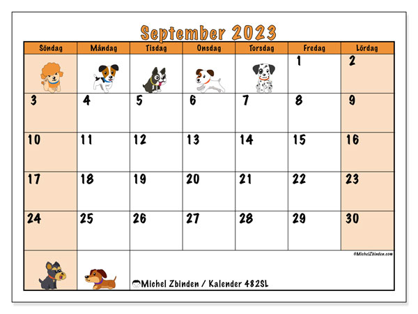 Kalender september 2023, 482SL. Gratis kalender som kan skrivas ut.
