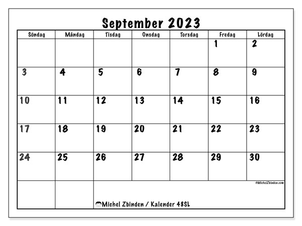 Kalender september 2023, 48SL. Gratis kalender som kan skrivas ut.