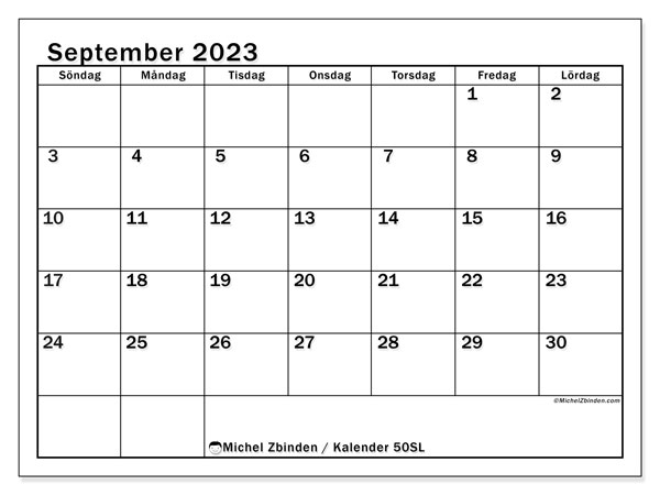 Kalender september 2023, 50SL. Schema för gratis utskrift.