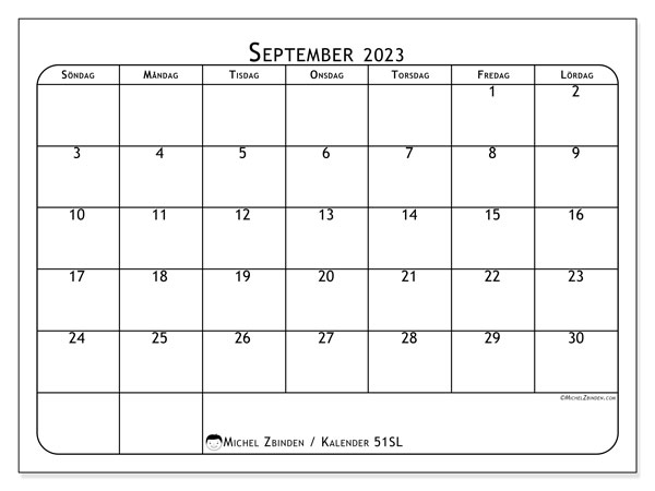 Kalender att skriva ut, september 2023, 51SL
