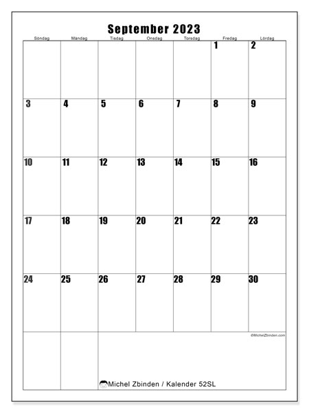 Kalender september 2023, 52SL. Gratis kalender som kan skrivas ut.