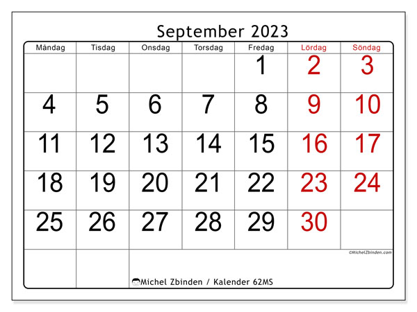 Kalender september 2023, 62MS. Schema för gratis utskrift.