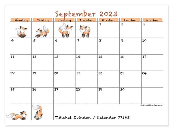 Kalender september 2023, 771MS. Schema för gratis utskrift.