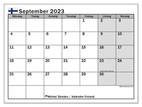 Calendrier septembre 2023, Finlande (SV), prêt à imprimer et gratuit.