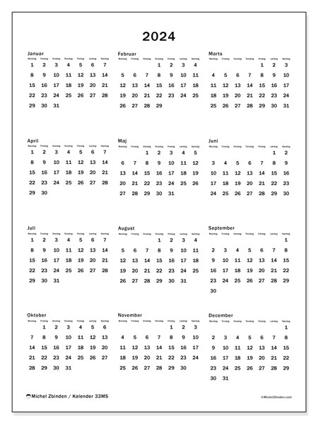 Årskalender 2024, 33MS. Gratis kalender til print.
