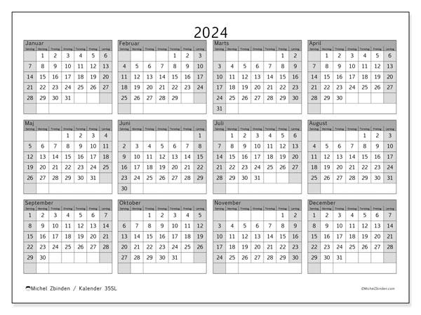 Årskalender 2024, 35SL. Gratis kalender til print.