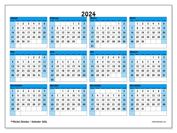 Årskalender 2024, 39SL. Gratis kalender til print.