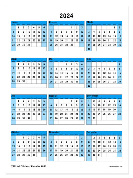 Årskalender 2024, 40SL. Gratis kalender til print.