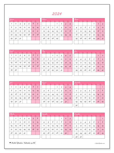 Kalender 2024 “42”. Gratis kalender til print.. Mandag til søndag