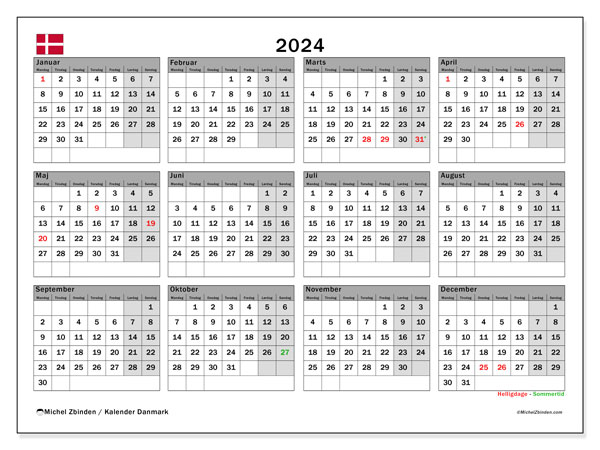 Calendario anual 2024 “Dinamarca”. Calendario para imprimir gratis.. De lunes a domingo
