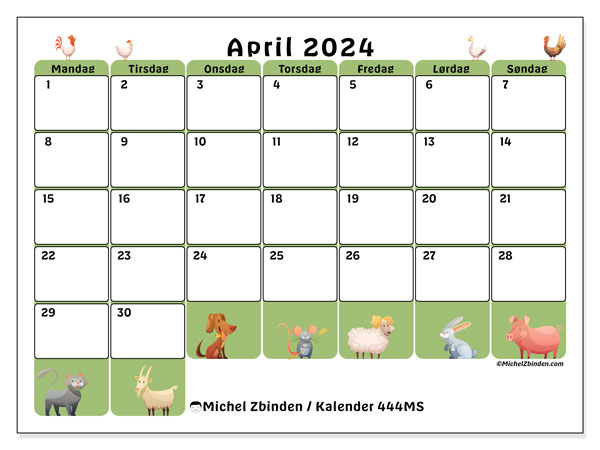 Kalender til udskrivning, april 2024, 444MS