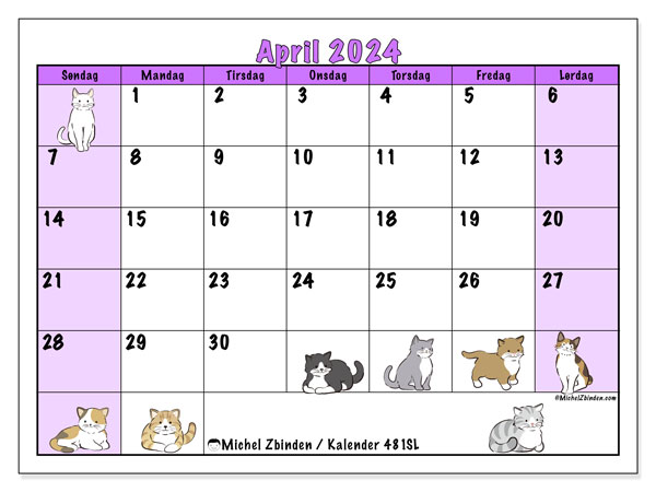Kalender april 2024 “481”. Gratis kalender til print.. Søndag til lørdag