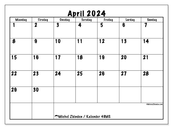 Kalender april 2024, 48SL. Gratis program til print.