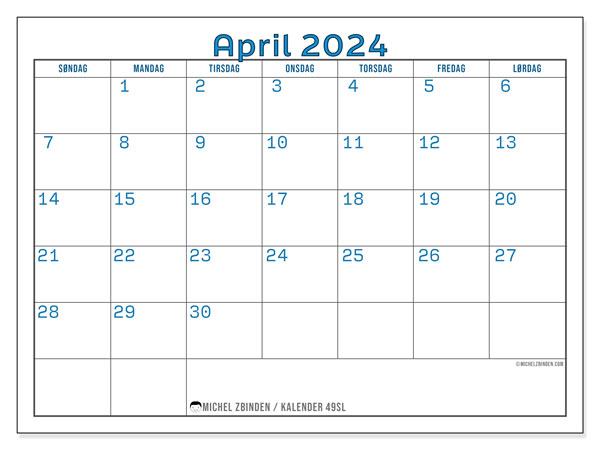 Kalender til udskrivning, april 2024, 49SL
