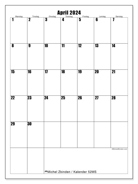 Kalender april 2024, 52SL. Gratis program til print.