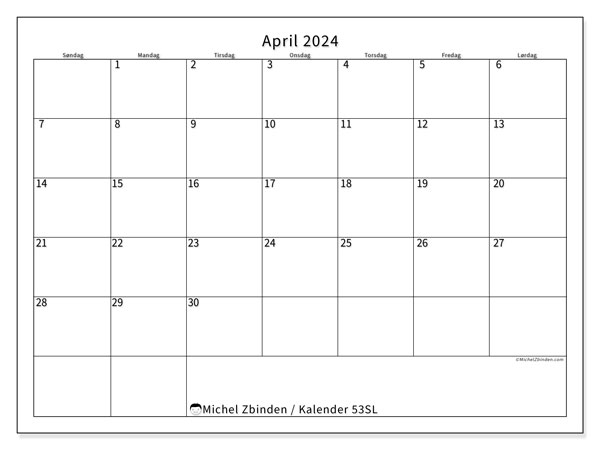 Kalender april 2024, 53SL. Gratis program til print.