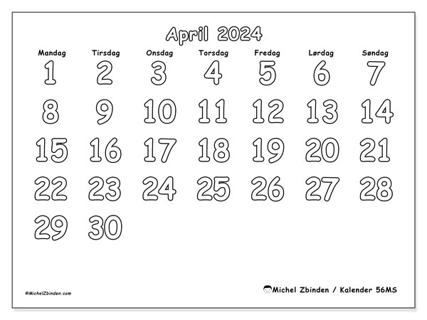 Kalender april 2024 “56”. Gratis kalender til print.. Mandag til søndag