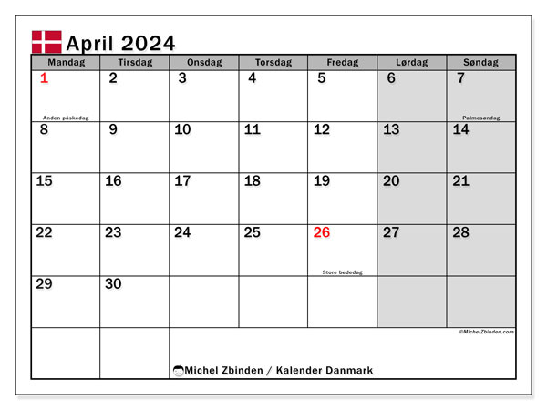 Kalender April 2024 “Dänemark”. Kalender zum Ausdrucken kostenlos.. Montag bis Sonntag