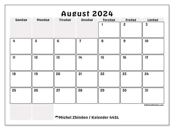 Kalender august 2024 “44”. Gratis kalender til print.. Søndag til lørdag