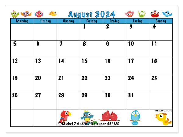 Kalender august 2024 “483”. Gratis plan til print.. Mandag til søndag