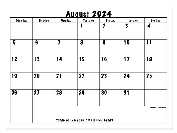 Kalender august 2024 “48”. Gratis plan til print.. Mandag til søndag