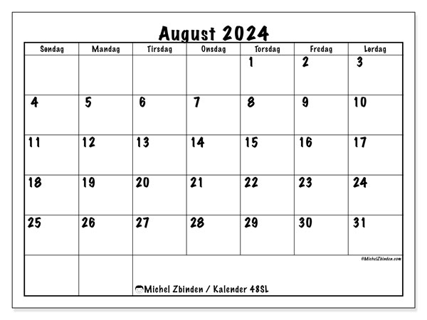Kalender august 2024 “48”. Gratis plan til print.. Søndag til lørdag