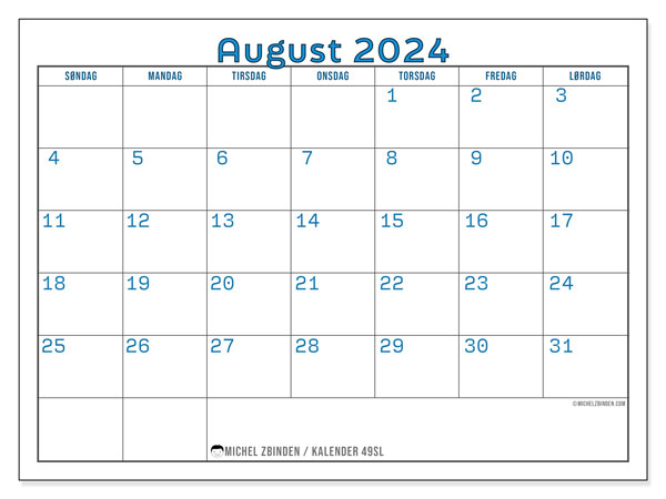Kalender august 2024, 49SL. Gratis program til print.