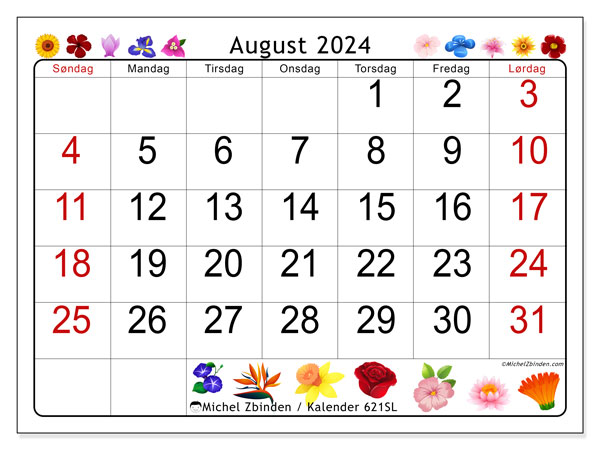 Kalender august 2024 “621”. Gratis kalender til print.. Søndag til lørdag