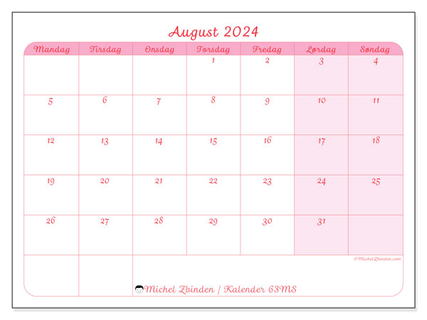 Kalender august 2024 “63”. Gratis kalender til print.. Mandag til søndag