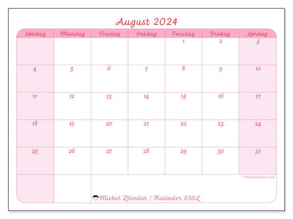 Kalender august 2024 “63”. Gratis kalender til print.. Søndag til lørdag