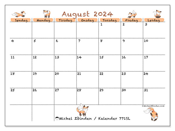 Kalender til udskrivning, august 2024, 771SL