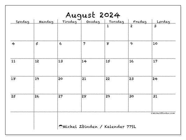Kalender august 2024 “77”. Gratis kalender til print.. Søndag til lørdag