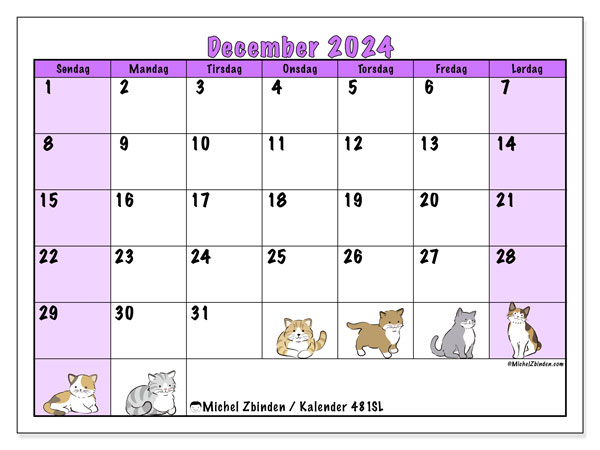 Kalender december 2024 “481”. Gratis kalender til print.. Søndag til lørdag