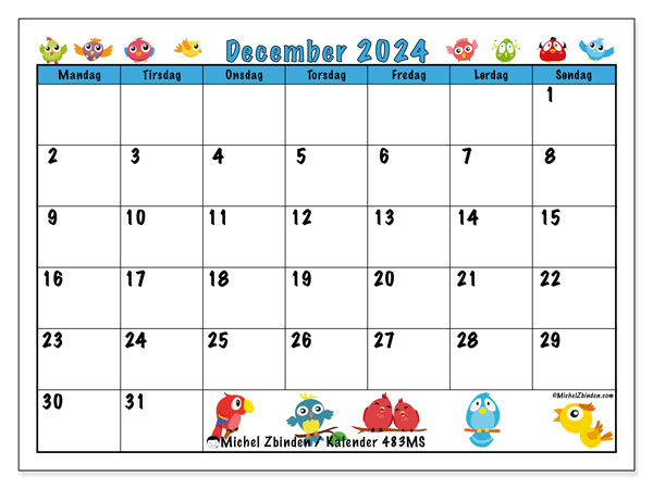 Kalender december 2024, 483MS. Gratis plan til print.