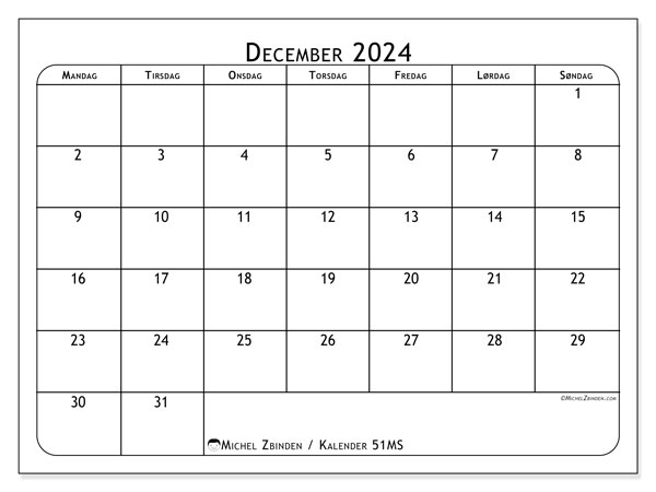 51MS, kalender december 2024, til gratis udskrivning.