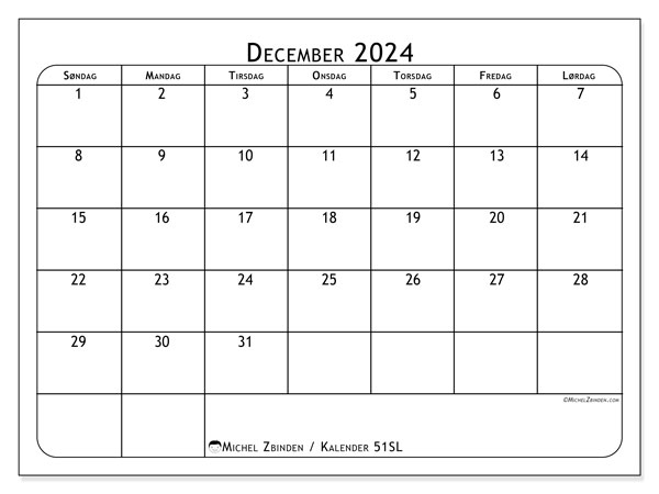 Kalender december 2024 “51”. Gratis kalender til print.. Søndag til lørdag