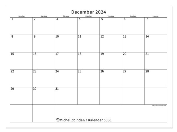 Kalender til udskrivning, december 2024, 53SL
