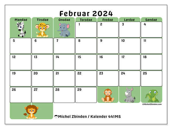 Kalender til udskrivning, februar 2024, 441MS