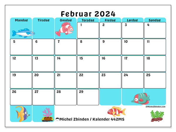 Kalender februar 2024 “442”. Gratis program til print.. Mandag til søndag